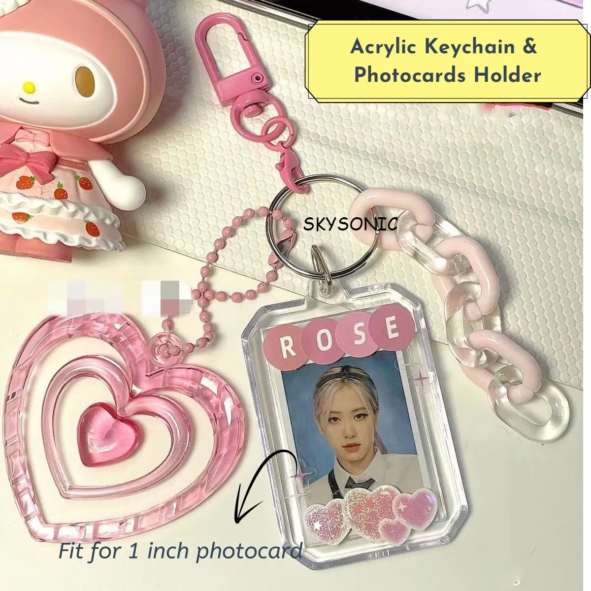 

SKYSONIC Acrylic Frame Keychain 1 Inch Photocards Holder Cute Heart Y2K Bag Pendant Chain Cuckoo Set Card Organizer Kids Gifts