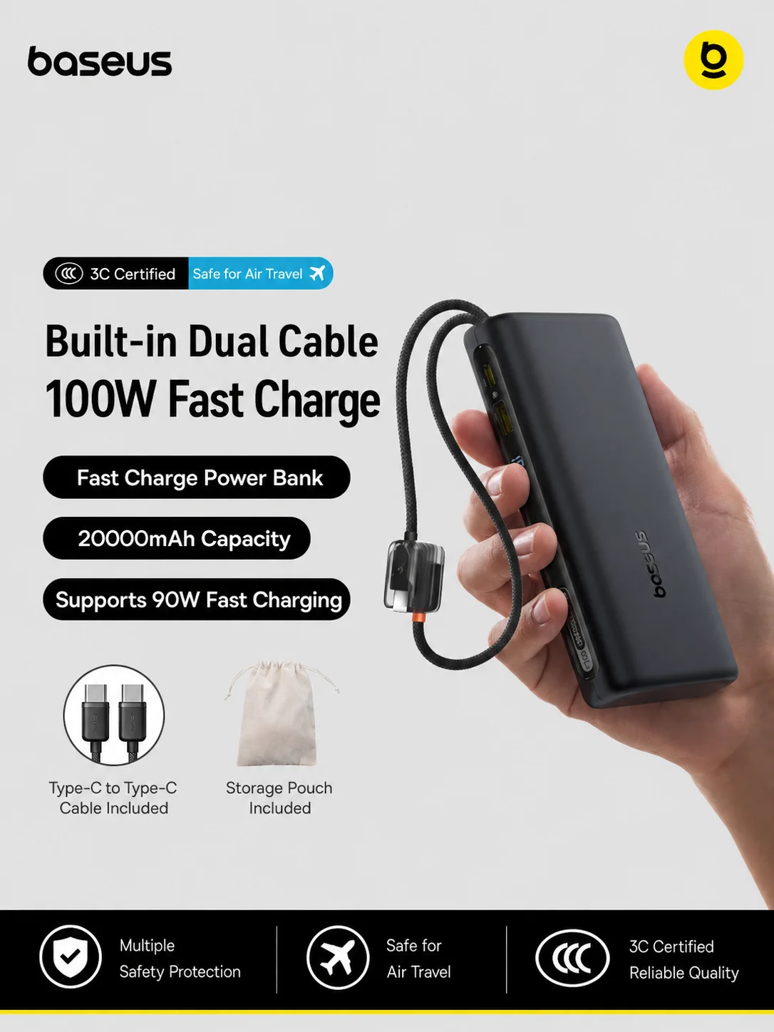 Baseus 3C Certified Air‑Safe 20000mAh 100W Power Bank, Portable for Laptops, iOS & Android, Outdoor Power Source