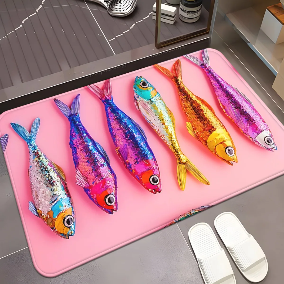 Vibrant Sequin Fish Mat – Pink Base, Soft & Non-Slip, Machine Washable Rug for Bathroom, Entry, Bedroom, Living Room