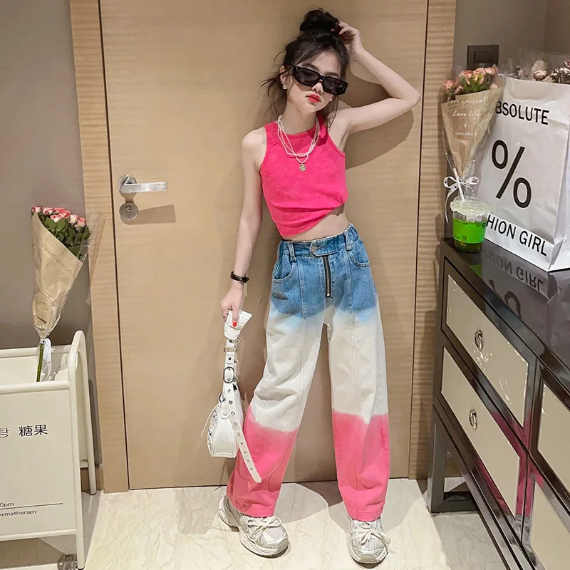 Teenager Girls Clothes Sets Summer Casual Tracksuit for Children 4-14 Years Old School Kids Vest + High Waist Jeans Korean Suits