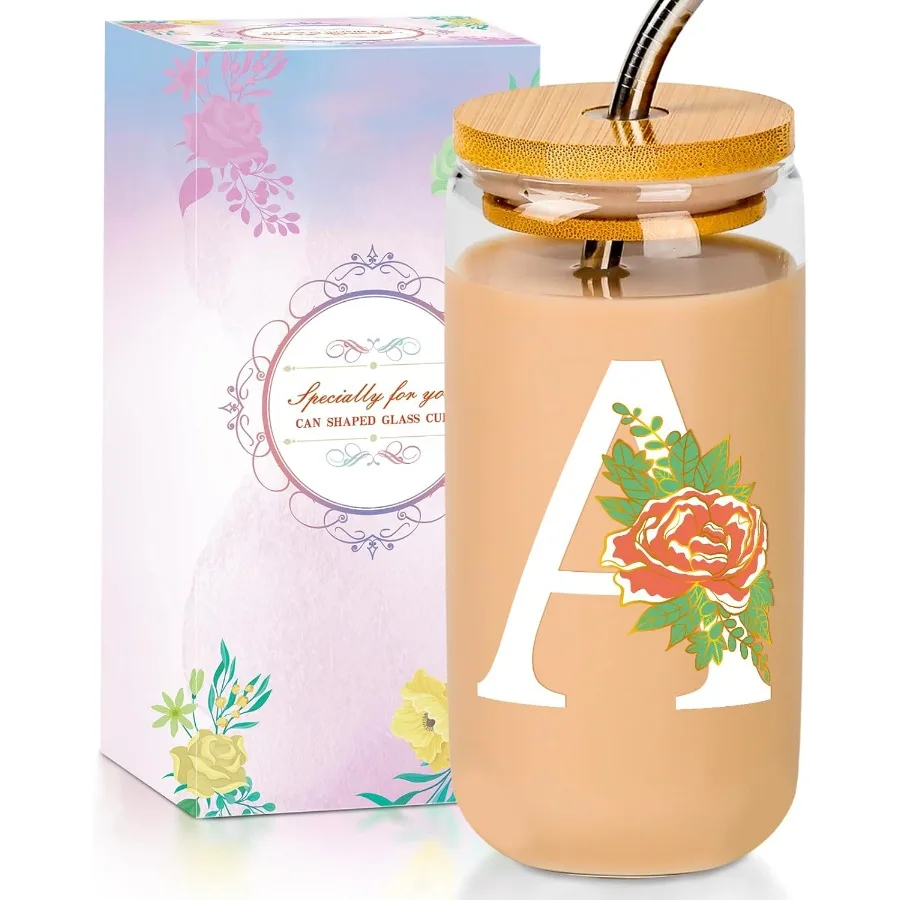 

Initial Glass Cup with Lid and Straw Color-changing med Gts for Women 16 oz Iced Coffee Drinking Glass Tumbler Persolized Chris