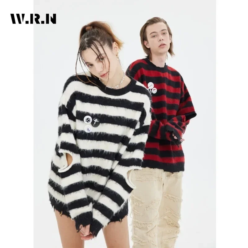 

2023 Spring Autumn Fashion Crewneck Striped Knitted Top Women Baggy Long Sleeve Hollow Out-design Sweater Streetwear Trendy Top