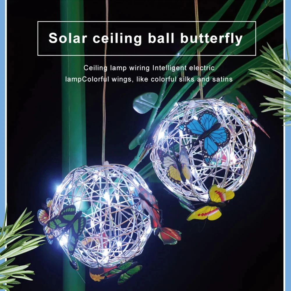 Garden Hanging Solar Light Round Ball Light With Butterfly Waterproof Metal Weaving Hanging Lamp Home Decorative Nightlight