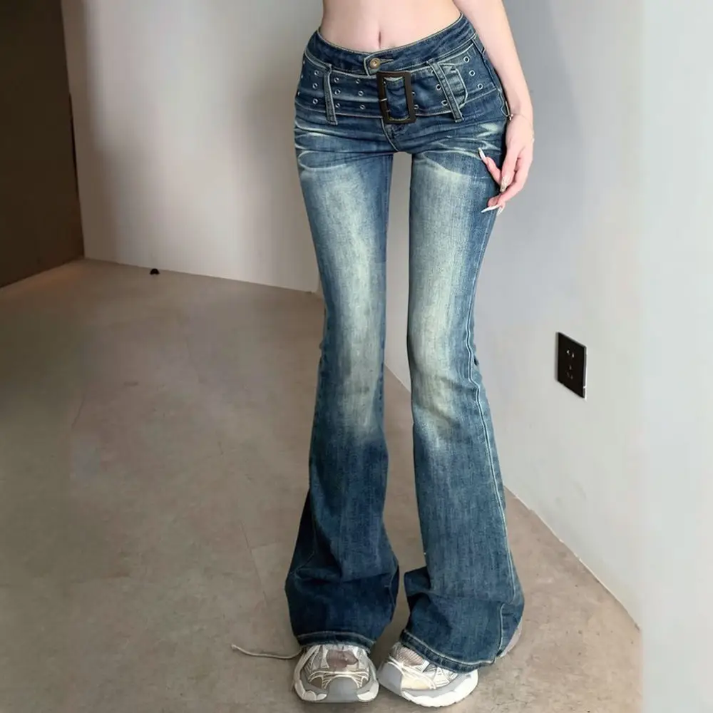 Classic Vintage Wash Low Rise Flare Jeans Womens Slim Bootcut Denim Pants Floor Length Casual Aesthetic Streetwear Fashion