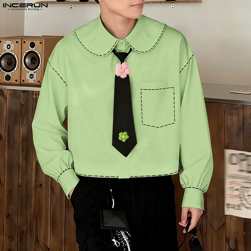 

INCERUN Мужская рубашка с цветными блоками и лацканами, мужская одежда с длинными рукавами и галстуком, уличная одежда, свободные модные повседневные топы в корейском стиле