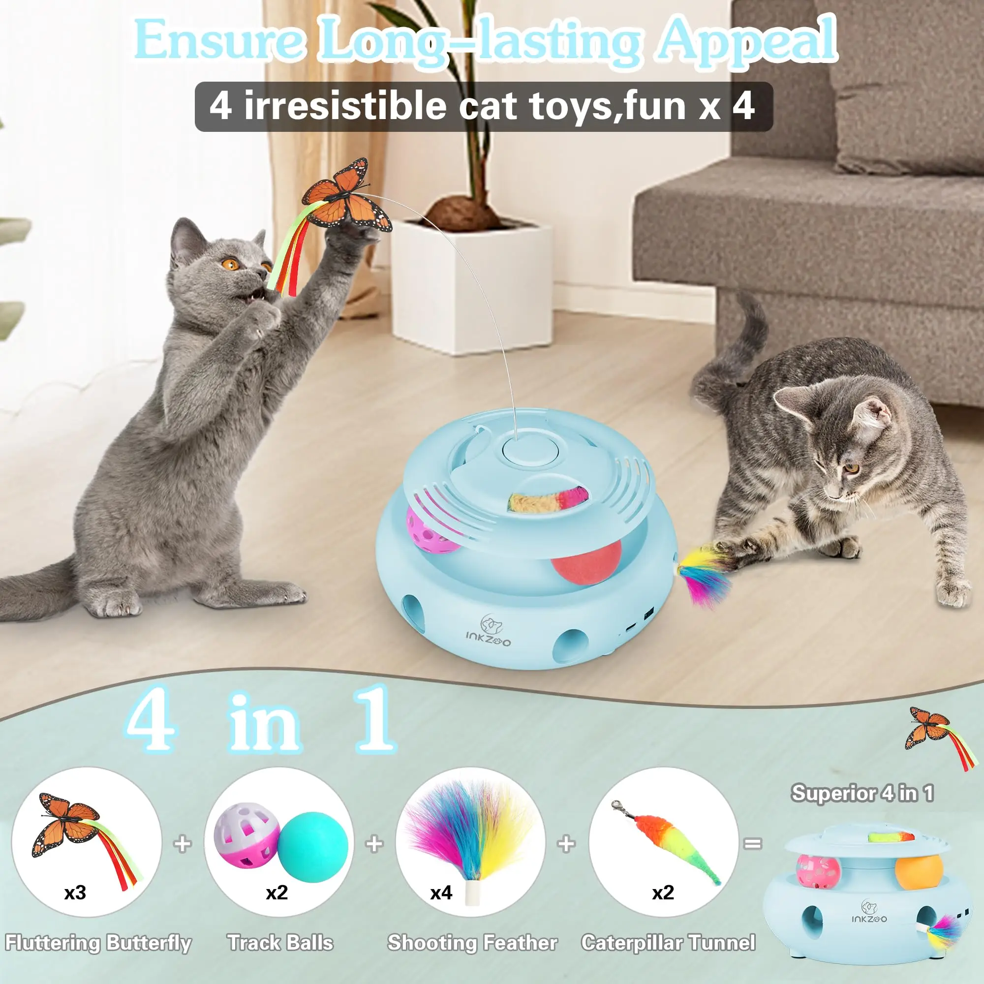 INKZOO 4-in-1 Interactive Cat Toys for Indoor Cats, Automatic 6 Holes Mice Whack-A-Mole, Fluttering Butterfly, Track Balls, USB