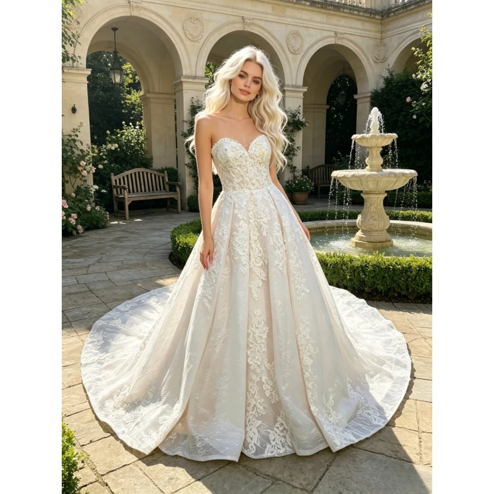 Customized Luxury Strapless Lace Wedding Dress 2026 New Trendy Sweetheart Neckline with Ruffled Edges Suitable for Beach Brides