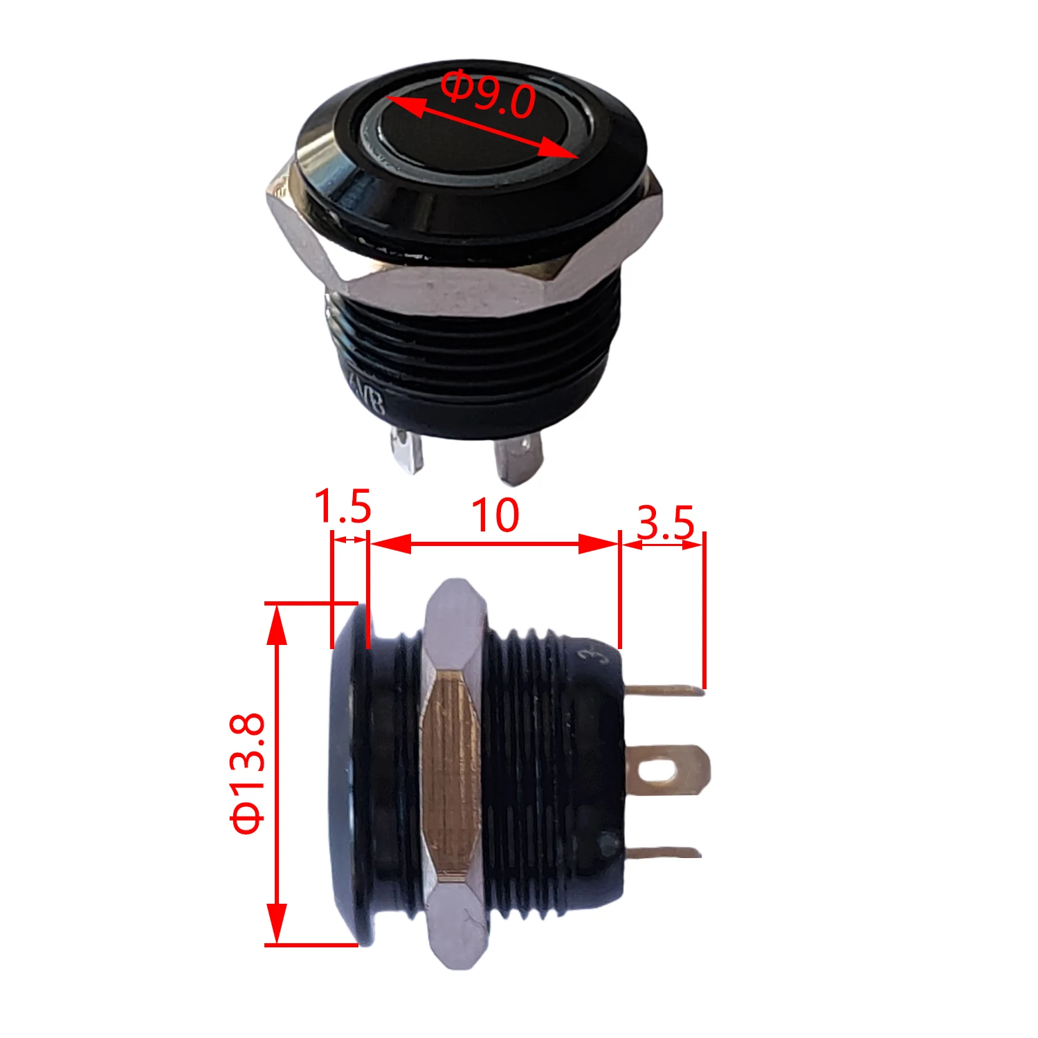 12mm Black Tiny Metal Button Switch L=11.5mm Ring Logo IP65 LED 3V 6V 12V 24V Snap 50mA 1NO No Locking Auto Reset Click Button