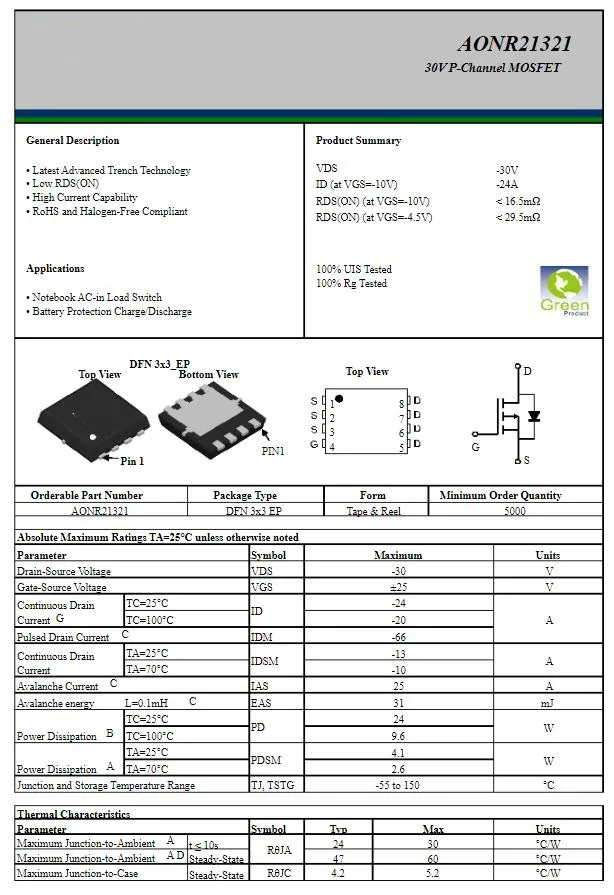 20Pcs AONR21321 21321 AONR21357 21357 AONR21307 21307 AONR21305C 21305C  DFN3x3EP  30V P-Channel MOSFET Chip 100% New original