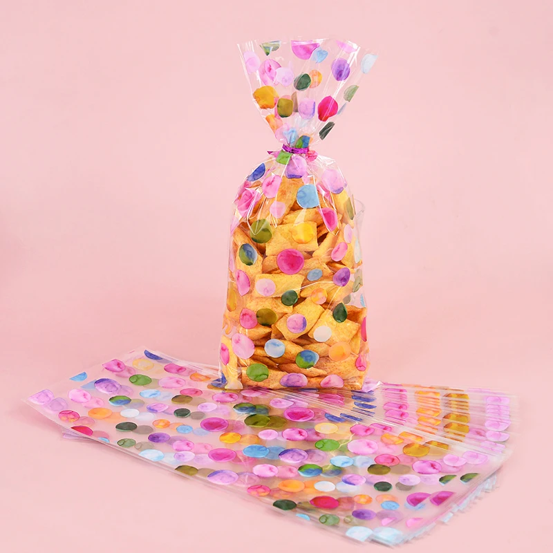 50Pcs Rainbow Polka Dot Printed Cellophane Candy Bags Plastic Treat Gift Packaging Bag Birthday Weddings Party Favors Decoration