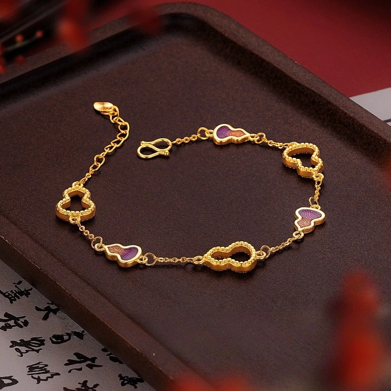 

K14 Pure Gold Color Golden Enamel Gourd Hollow Bracelet for Women Bride High-end Bracelet Chain for Women Jewelry Gifts