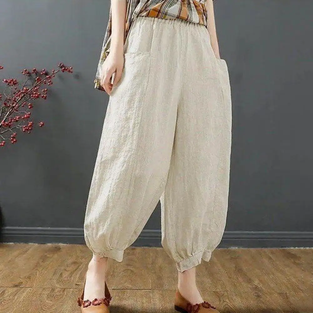 

Elegant Cotton Linen Pants Women Trousers Fashion High Waist Office Pantalon Casual Loose Wide Leg Ninth Pants Loose Capris