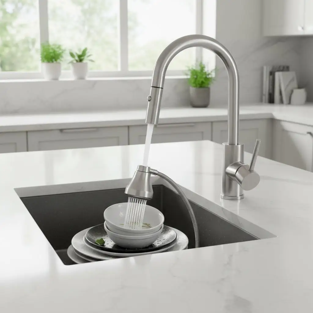 

Kitchen Water Tap Brushed Nickel for RV, Bar Sink, Public Restroom, Pull Down Sprayer, Stream Spray Dual Modes, Leak-Proof Va