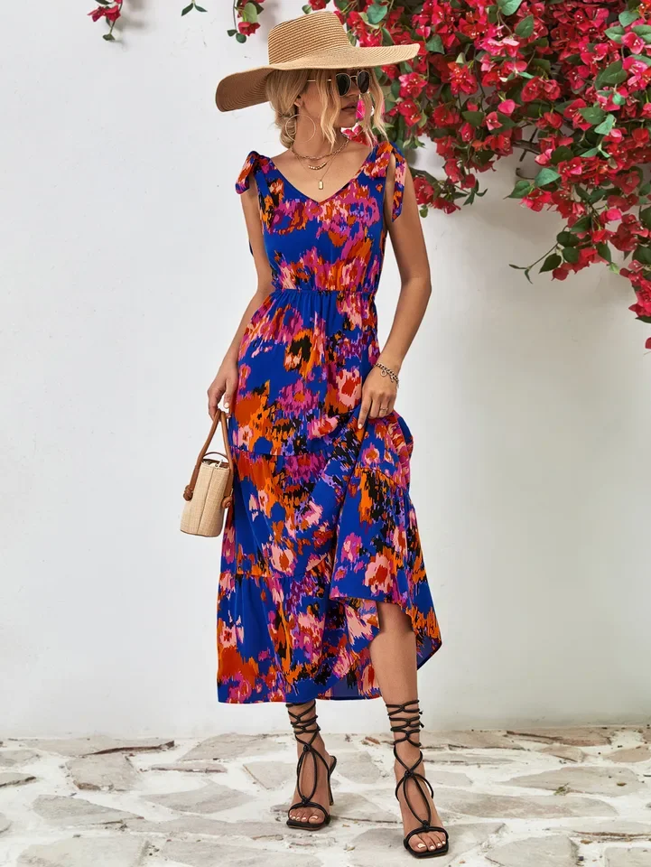 Sexy V Neck Spaghetti Strap Dress Office Lady Spring Summer Fashion Elegant Floral Print Sleeveless Dresses For Women 2023 Black