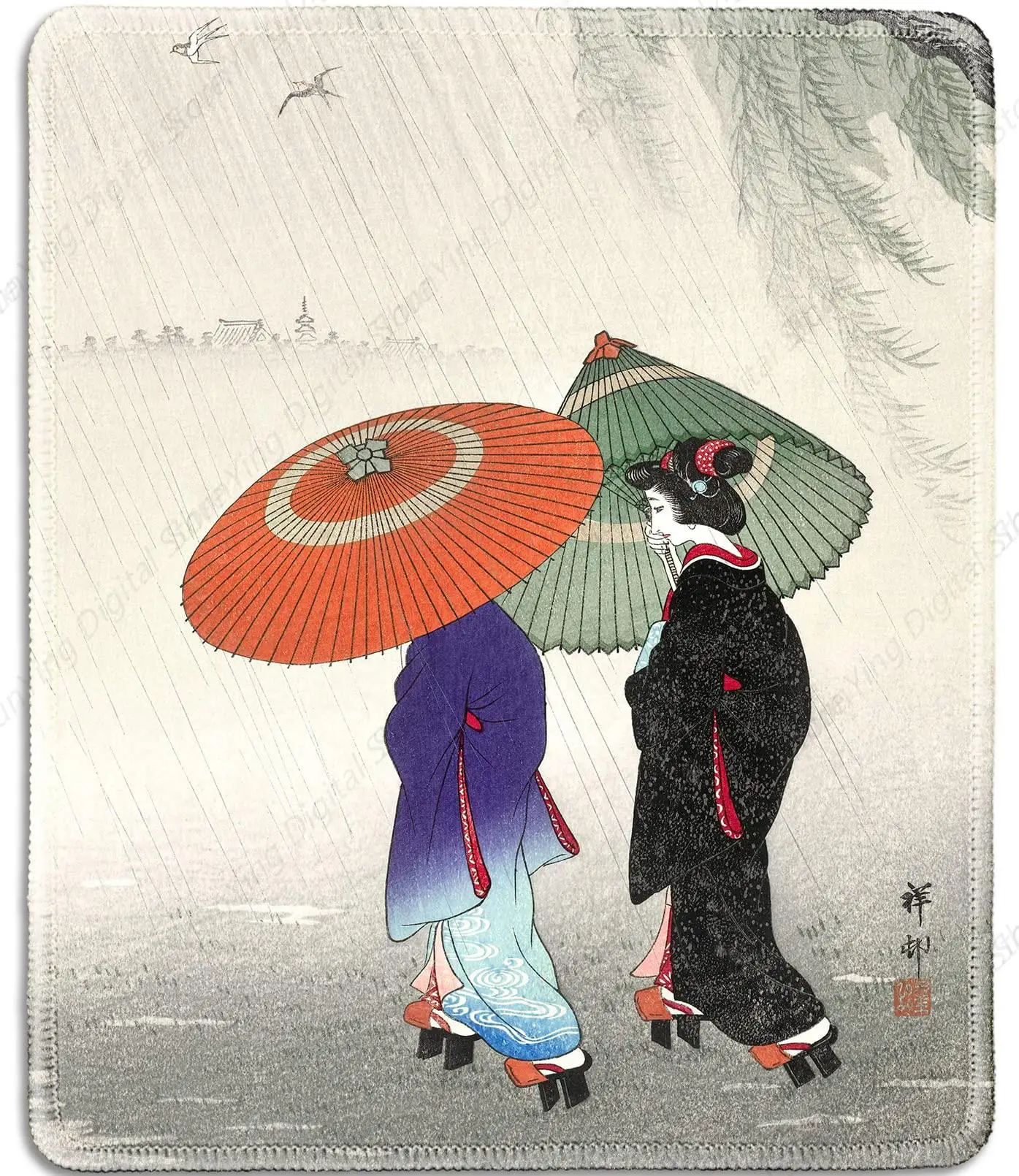 Artistic Rubber Mouse Pad Printed With Japanese Ukiyo-E Two Women Holding Umbrellas In Spring Rain Computer Mouse Pad 25*30cm