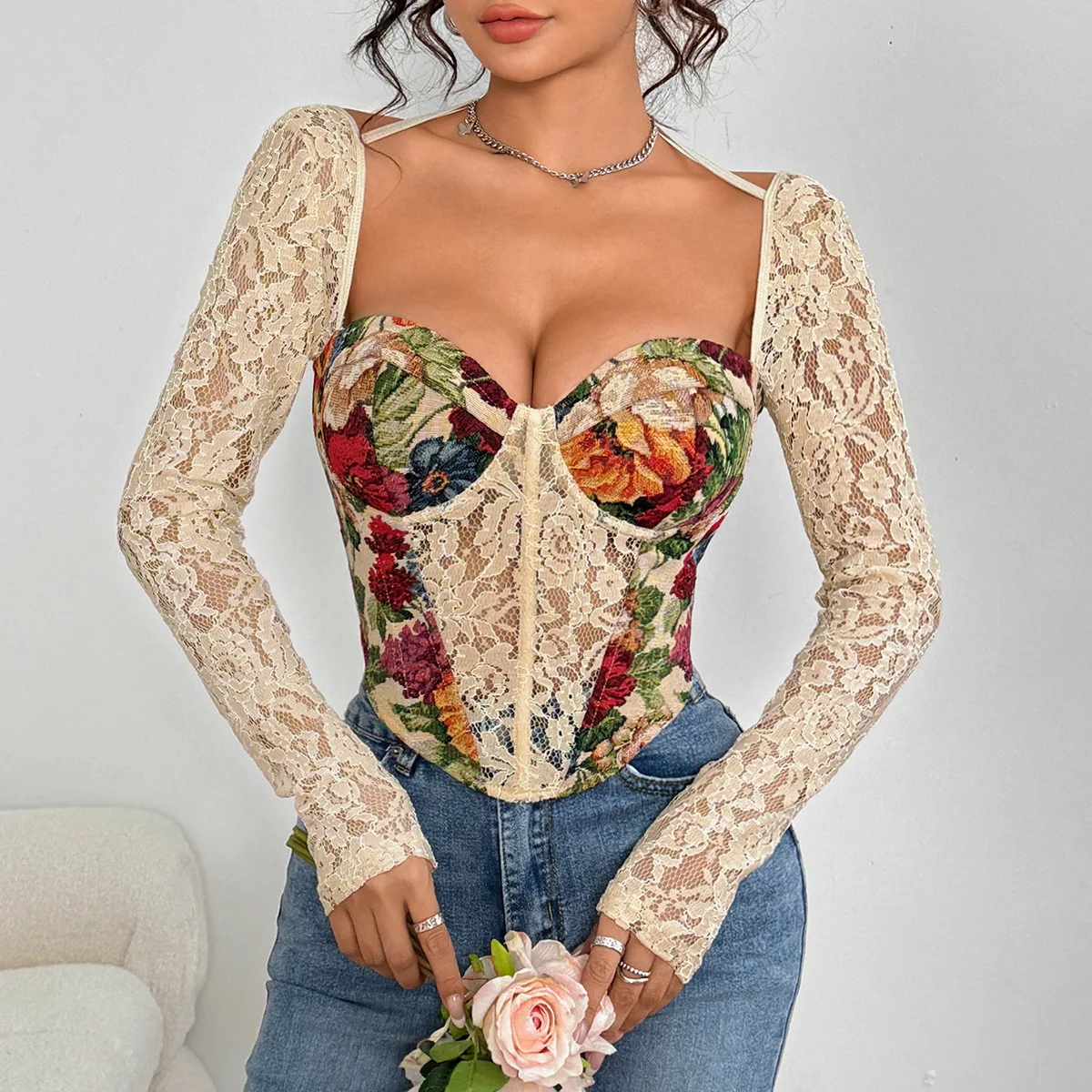 

French Square Neck Lace Mesh Long Sleeve Tops Sexy Women Corset Vintage Floral Lace Up Top Fishbone Backless Camis Slim Crop Top