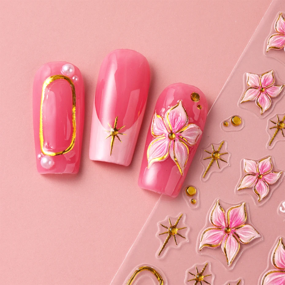 2 uds flor de hibisco en relieve pegatina artística para uñas flor rosa con anillo de Metal dorado encanto calcomanías autoadhesivas decoración de manicura