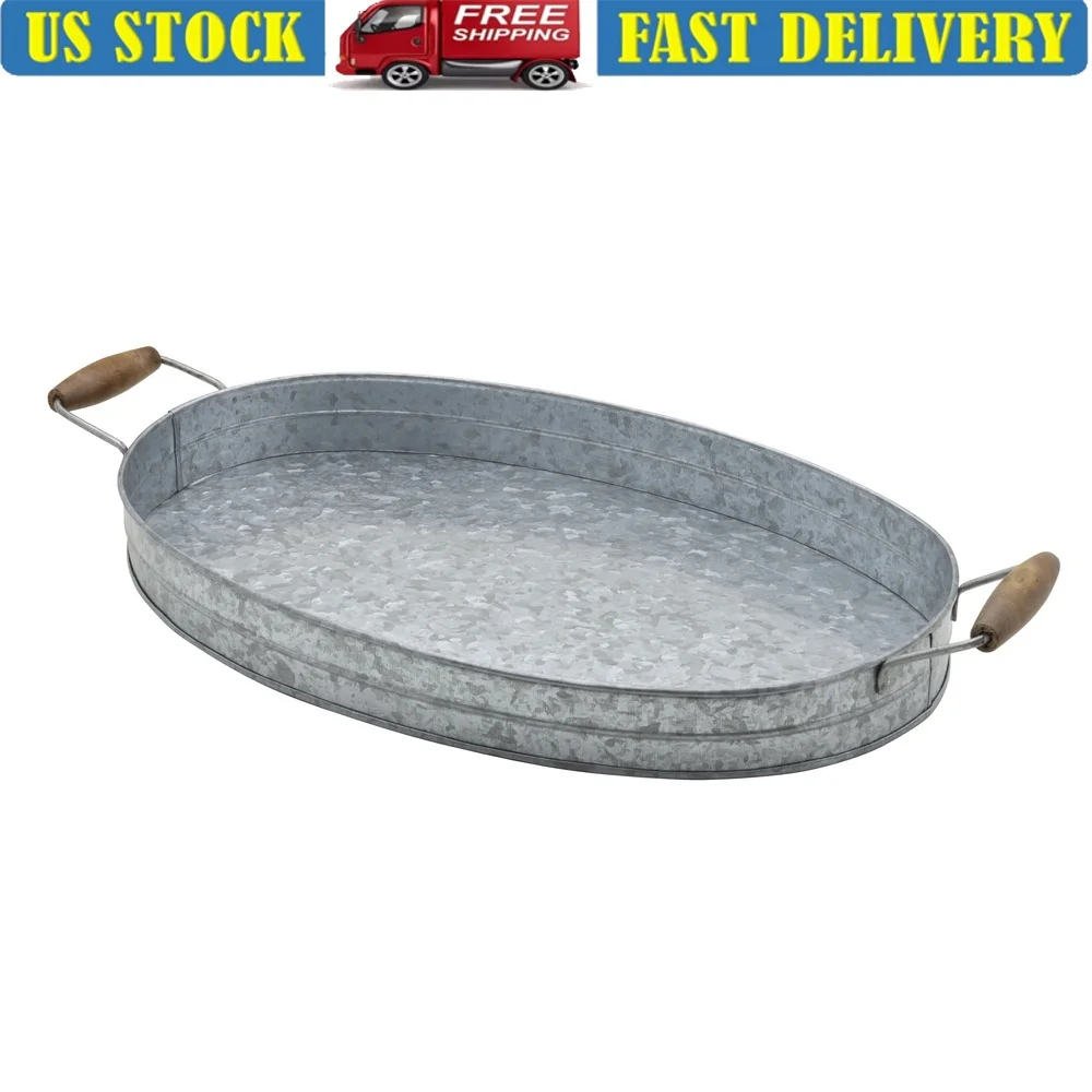 

Galvanized Oval Serving Tray with Wood Handles Rustic Metal Tray Indoor Outdoor Entertaining Drinks Desserts Snacks