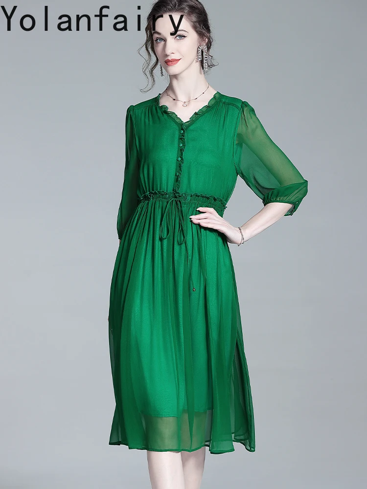 ชุดเดรสไหมมัลเบอร์รี่แท้ 100% ยี่ห้อ YOLANFAIRY สำหรับผู้หญิง ฤดูร้อน หรูหราเบาสบาย ชุดเดรสไหมแท้คุณภาพสูง สีเขียว ชุดเดรสสำหรับผู้หญิง