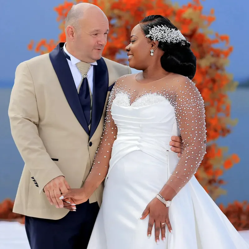 فساتين زفاف حورية البحر مطرزة مع ذيل قابل للانفصال فستان زفاف مقاس كبير رداء البوق الوهمي de mariage