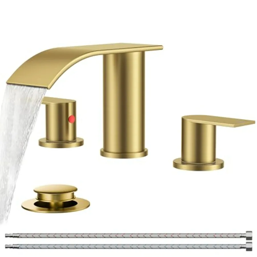 

Bathroom sink faucet brushed gold finish 3-hole 8-inch widespread waterfall design with two handles CUPC-certified hose and met