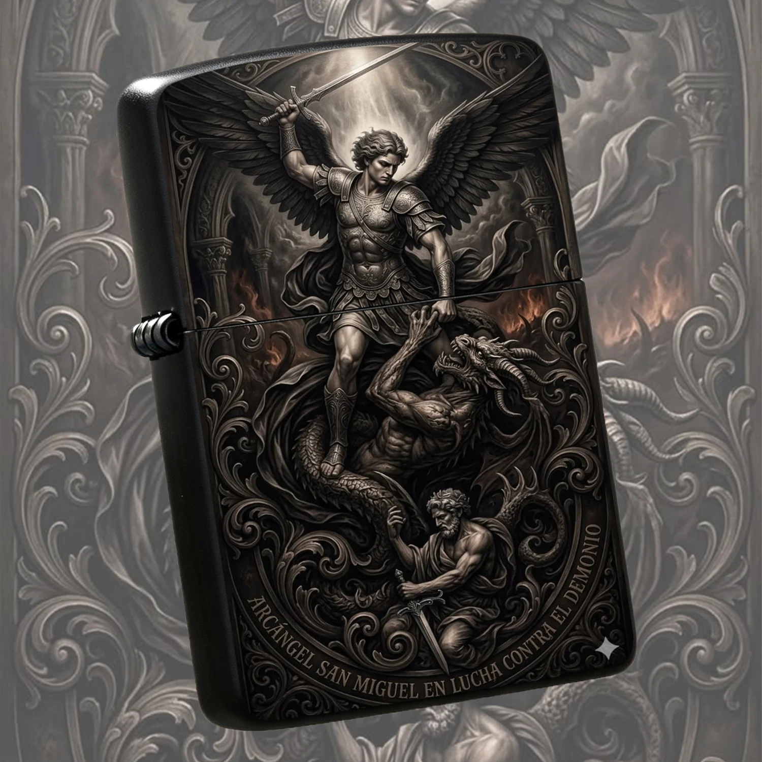Vintage Engraved Archangel Themed  Classic Windproof Durable Portable Igniter For Men Gift Daily Use Outdoor Carrying Religious Art Etch Pattern A Fun And Humorous Lighter