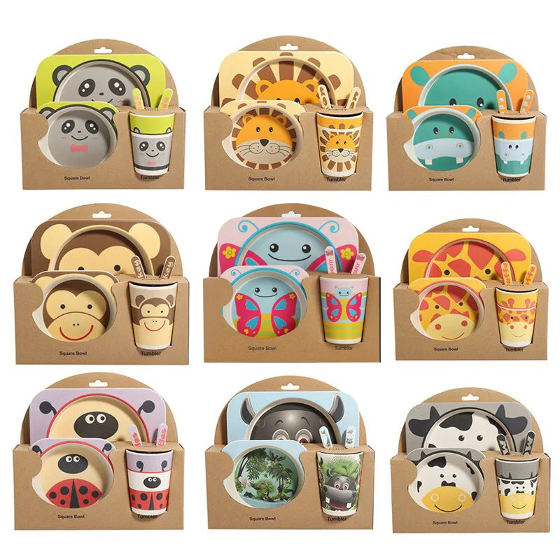 Wholesale bamboo fiber kindergarten dinner plate cartoon children 5-piece set of tableware auxiliary food bowl plate set gift