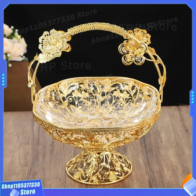Creative European Glass Fruit Plate Single Layer Portable Candy Dish Home Handicraft Ornament Light Luxury Coffee Table Decor