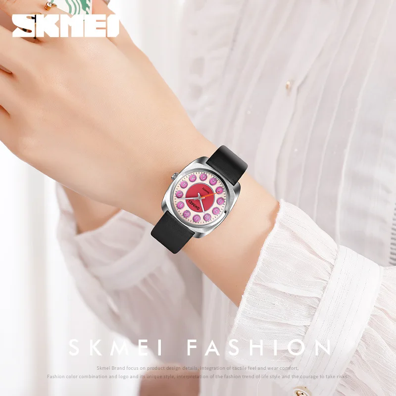 Skmei Creative Dial Fashion Square Steel Case orologio al quarzo da donna orologio in pelle impermeabile da donna