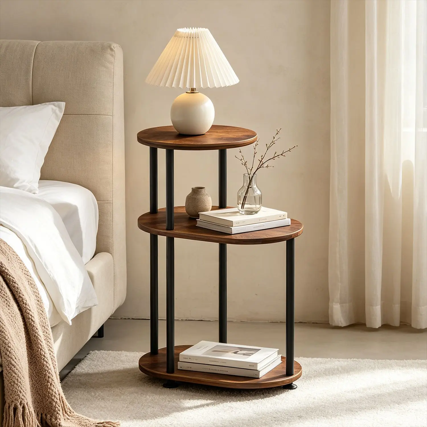 Cross-border Amazon TEMU vintage sofa side table, three-tier stair side table, wood grain small apartment bedside storage rack