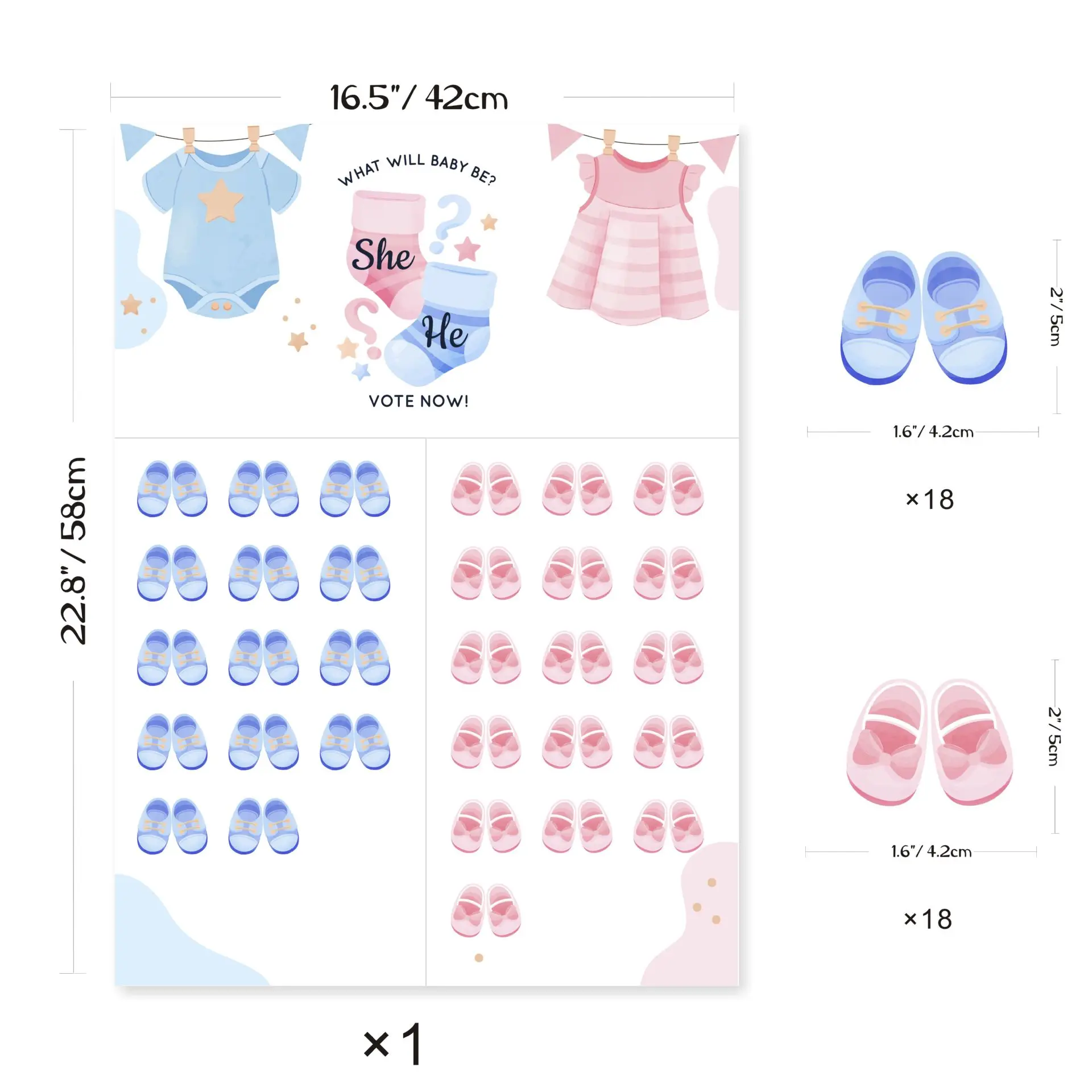 مجموعة واحدة من ملصق واحد ، ملصقات للذكور والنساء ، كشف عن الجنس ، بطاقة لعبة الفريق ، استحمام الطفل ، حفلة عيد ميلاد ، 18 لكل منهما