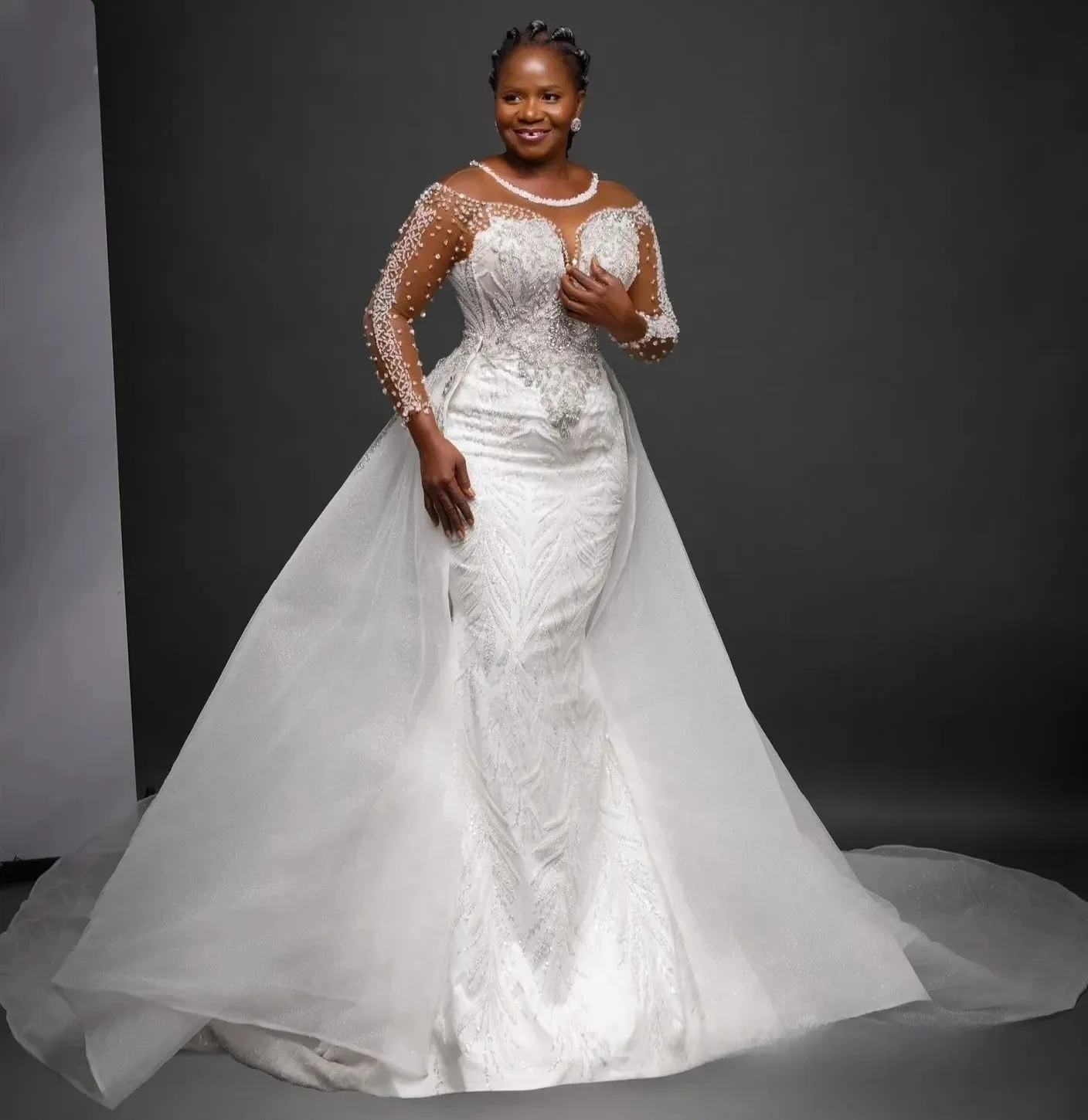 

New Arrival Wedding Dress Detachable Train Sheer Neck Beads Sequins Long Illusion Sleeves Bride Bridal Gowns Vestidos De Noiva