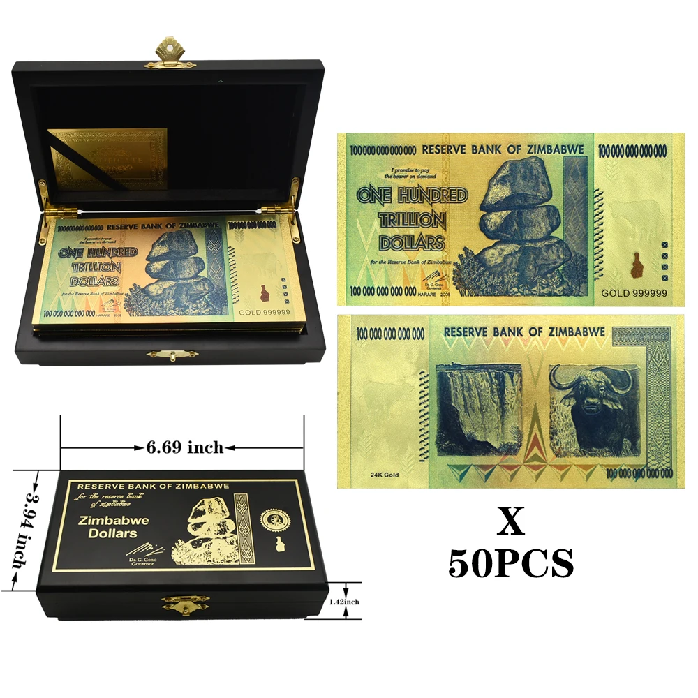 50pcs/box Zimbabwe One Hundred Trillion Dollars Gold Foil 100 Trillion Banknotes Golden Note In Wooden Box Commemorative