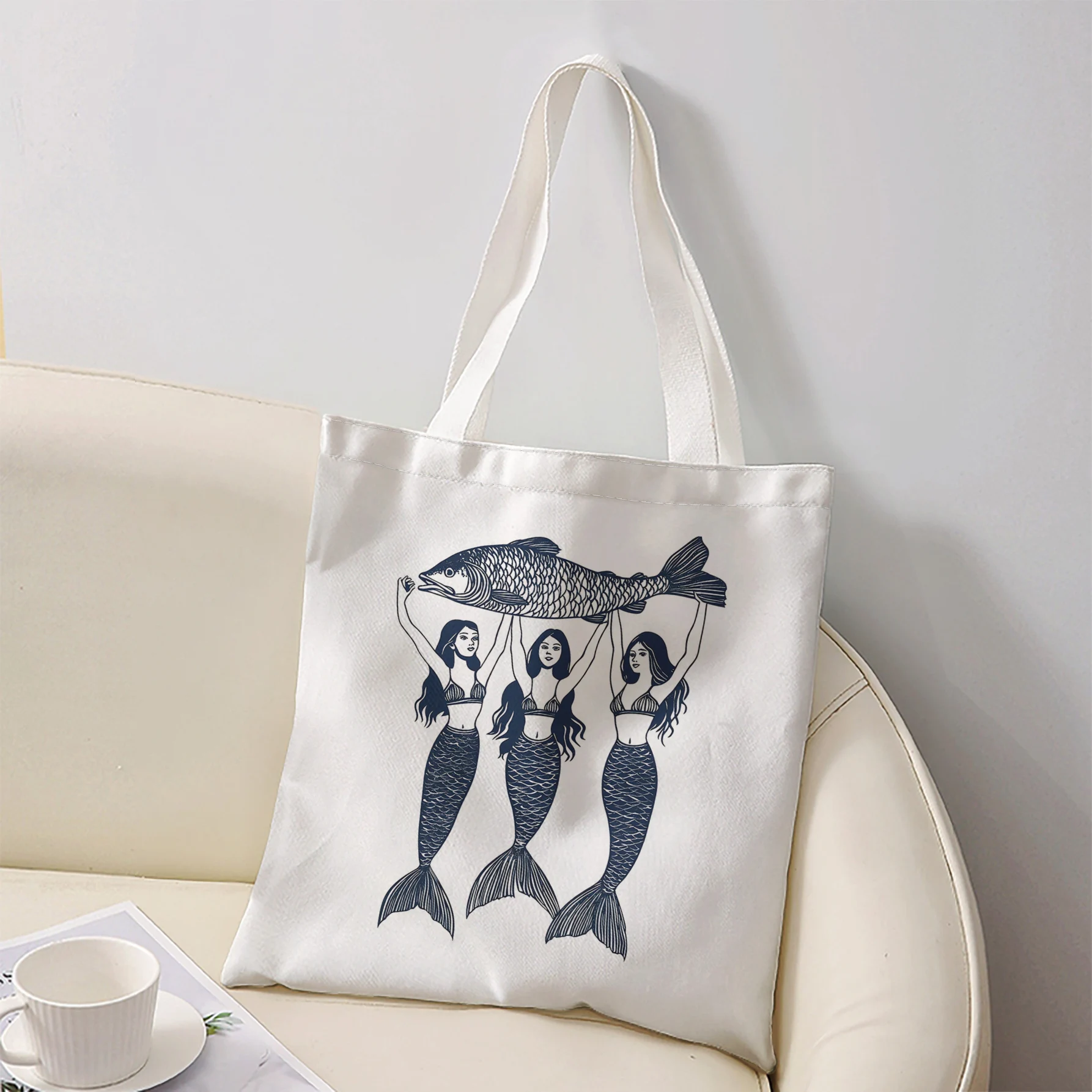 Three Mermaids Lifting Big Fish Line Print Tote Bag Large Shoulder Handbag For Shopping Daily Commute