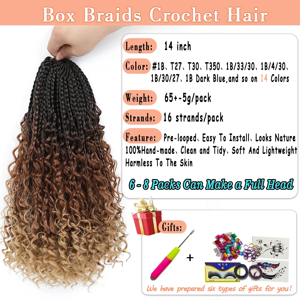 1-6 Packs 14 Inch Boho Goddess Box Braids Crochet Hair with Curly Ends Ombre Brown Auburn Bug 16 Colors Soft Net Synthetic Hair