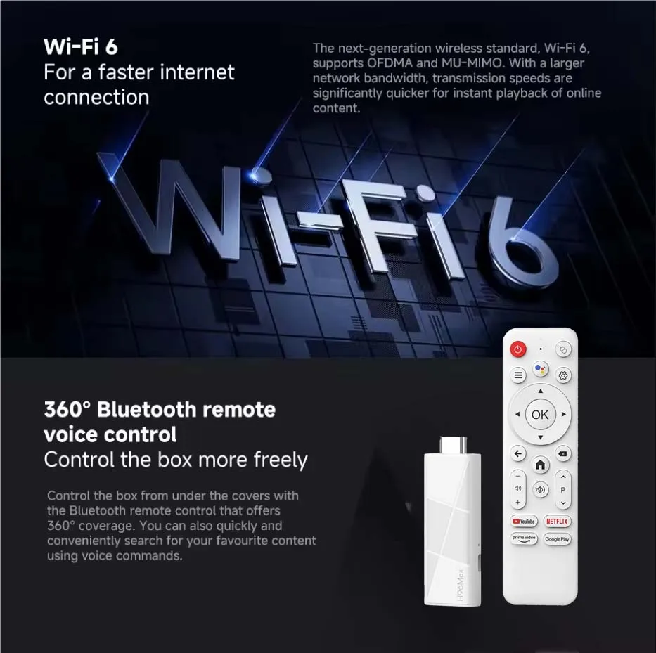 Android TV Stick H96MAX Telecomando vocale Android14 RK3518 4K 3D HDR BT5.4 Video Wifi6 Netflix YouTube Streaming rapido TV Stick