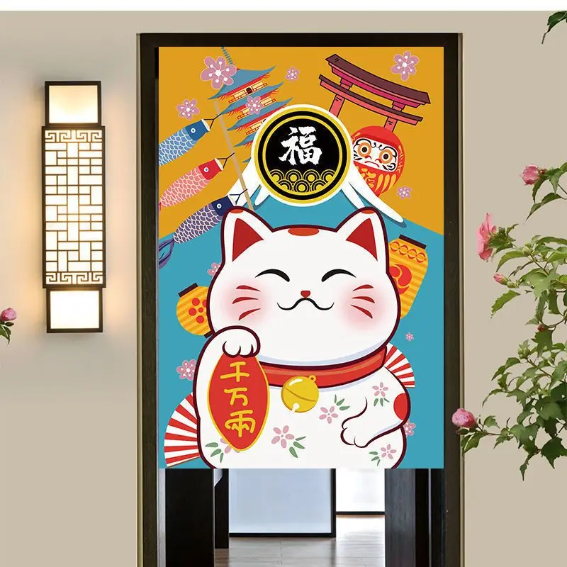 VIKAMA Lucky Money Cat Hanging Door Curtain, Cartoon-Patterned Half-Length Door Curtain, Soft Fabric Privacy Curtain, Home Decor