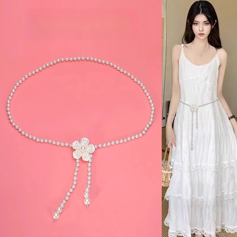 エレガントな花柄パールウエストチェーン-レディースファッションアクセサリー-ドレスベルト-上品な装飾-スカートに合う-高級感-夏-2025