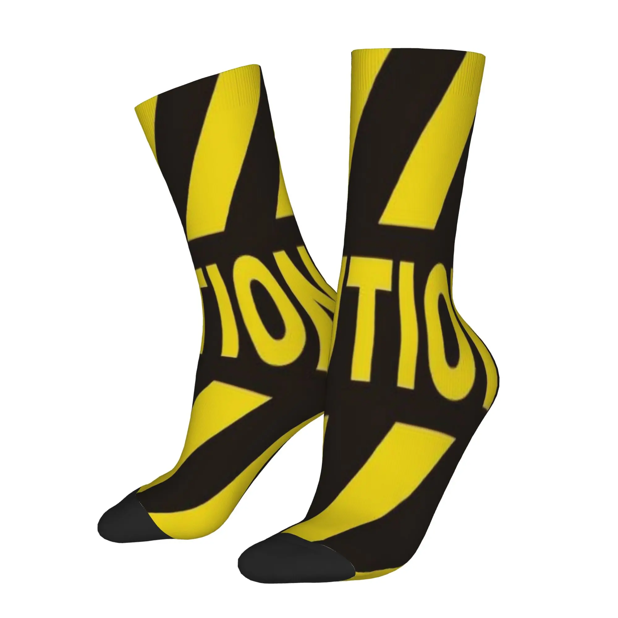 1 Pair Funny Sock  Yellow Black Caution Warning Sign Graphic Rock Quality Pattern Printed Men Socks Novelty Men's Socks