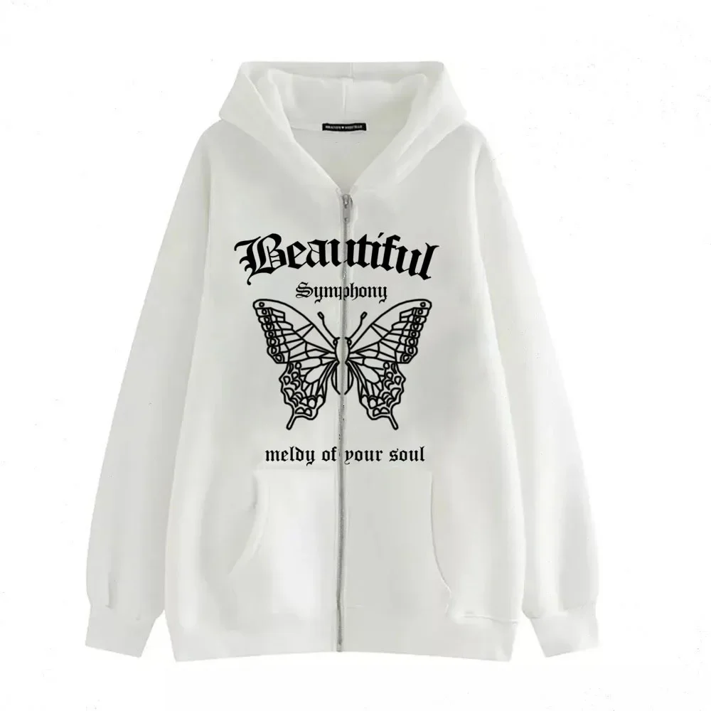 2024 Dark Gothic Style Cardigan Sweatshirt \'Beautiful\' Butterfly Series Y2k Zip Up Hoodies Street Fashion Loose Fleece Jackets