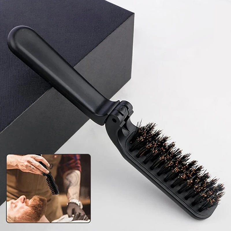 

Foldable Hair Brush Black Portable Boar Bristle Comb Pocket Collapsible Travel Soft Massager Salon Styling Tool