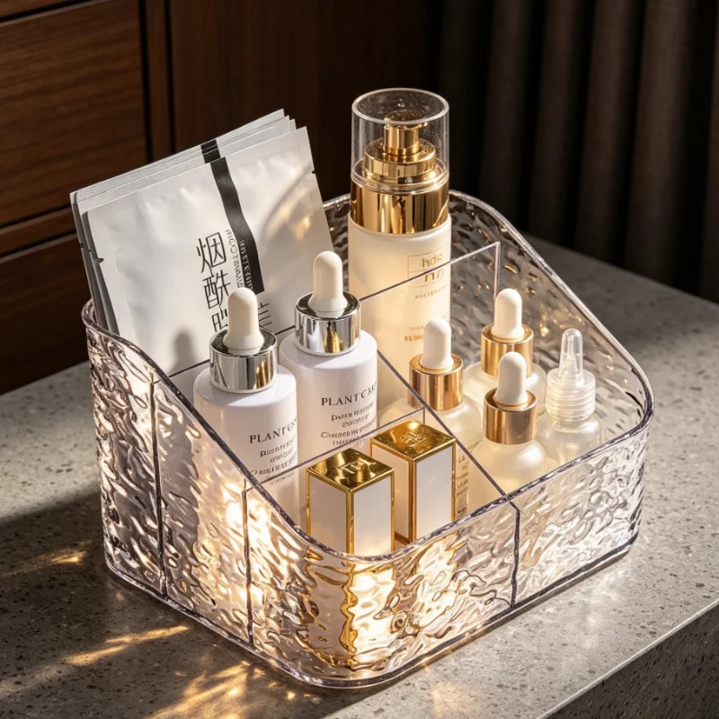 Water Ripple 5‑Compartment Cosmetic Organizer Clear Plastic Makeup Storage Tray Countertop Holder for Bathroom Vanity