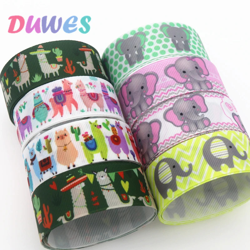 DUWES 50yards elephant alpaca Printed Grosgrain Ribbon Accessory Hairbow Headwear Decoration DIY Wholesale OEM D1293