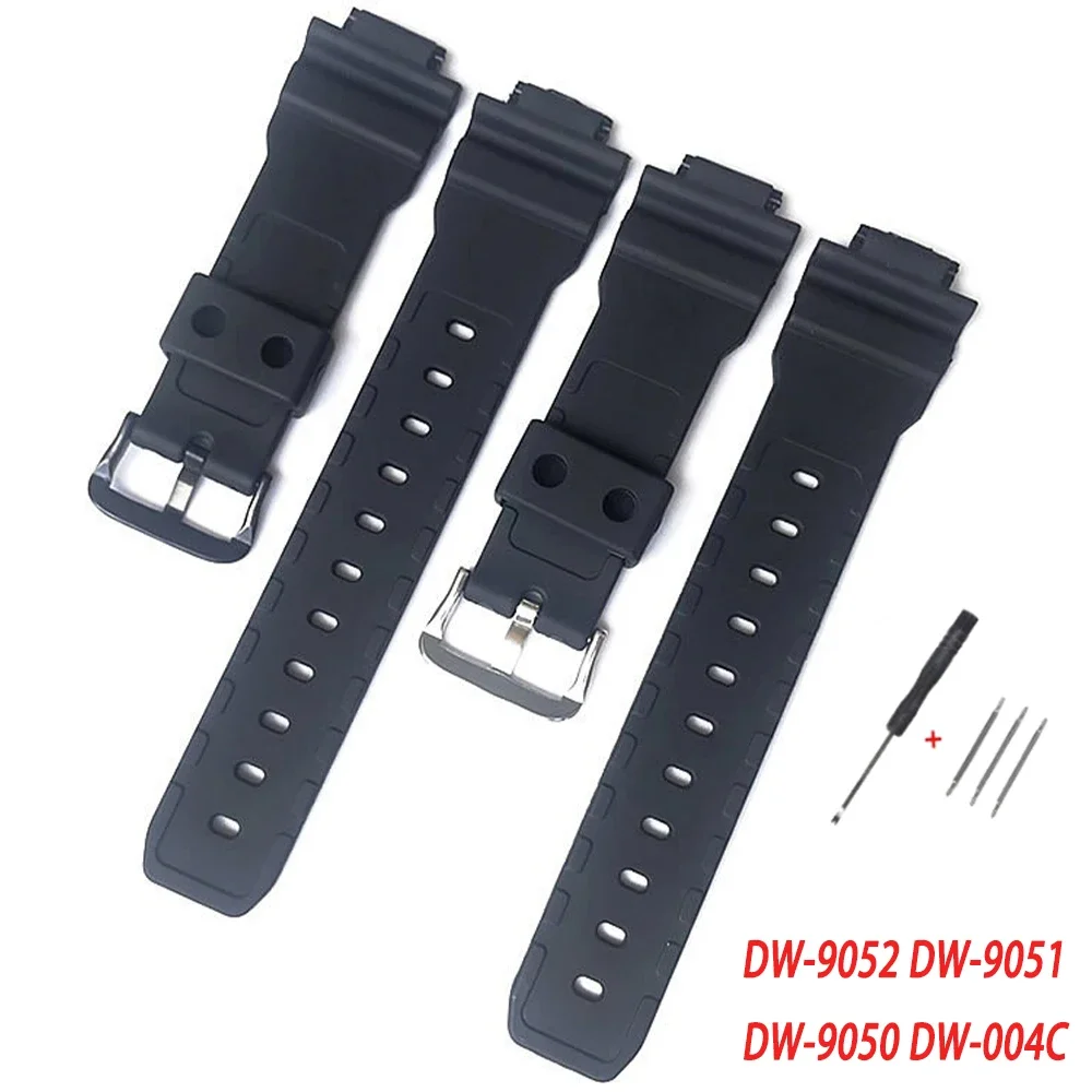 Rubber Watch Strap for Casio DW-9050/9051/9052/004C Silicone Watchband Black Silver Buckle Replace Bracelet Sports Accessories