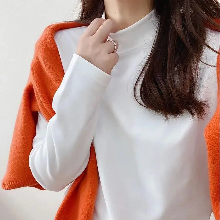Autumn Winter Women's Base Layer Shirt Half High Collar Long Sleeve Double Faced Fleece Warm Pure Color Inner Wear Top