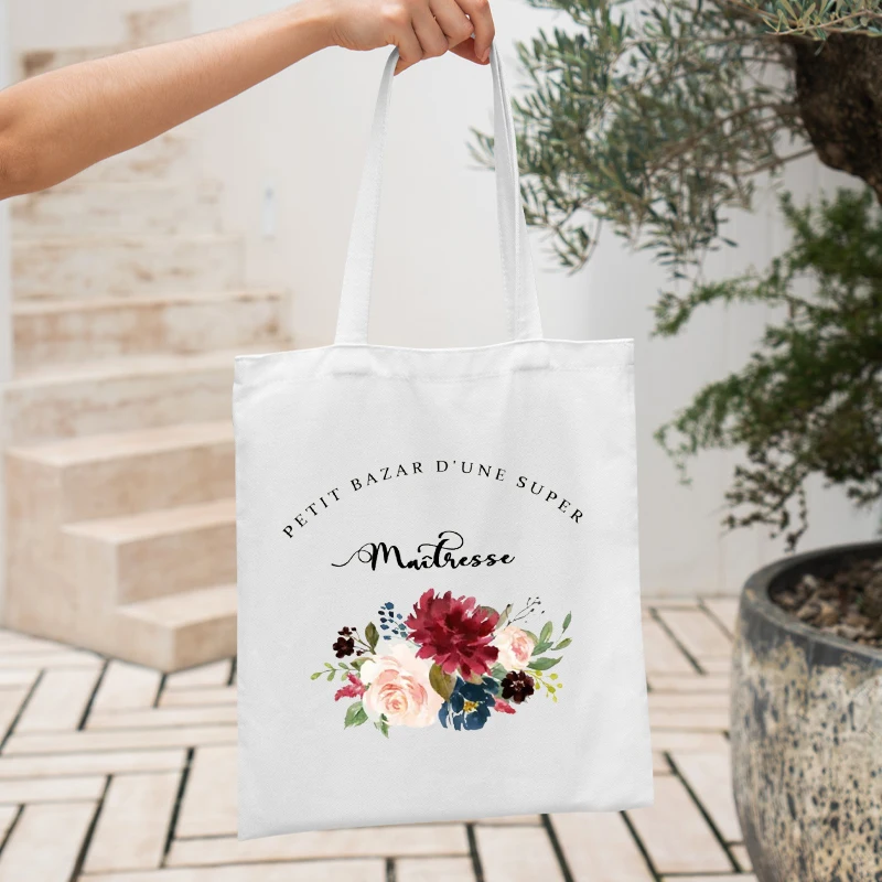 Bolso de mano con estampado de flores francesas para mujer, bolsa de compras de lona, estética