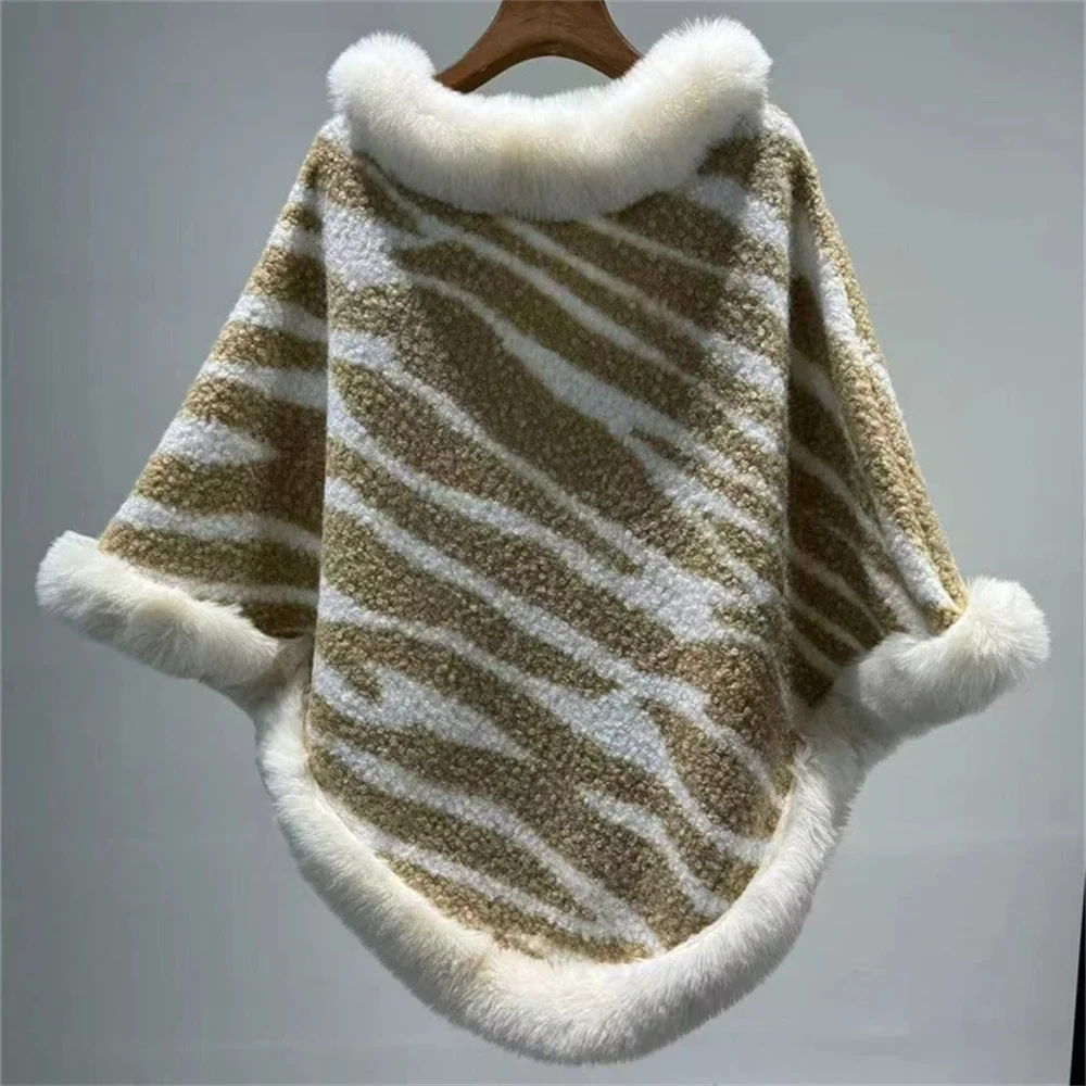 5 Colors New Women Granular Velvet Pullover Faux Fur O Neck Loose Cape Outer Wear Winter Thick Warm Zebra Printed Shawl Overcoat