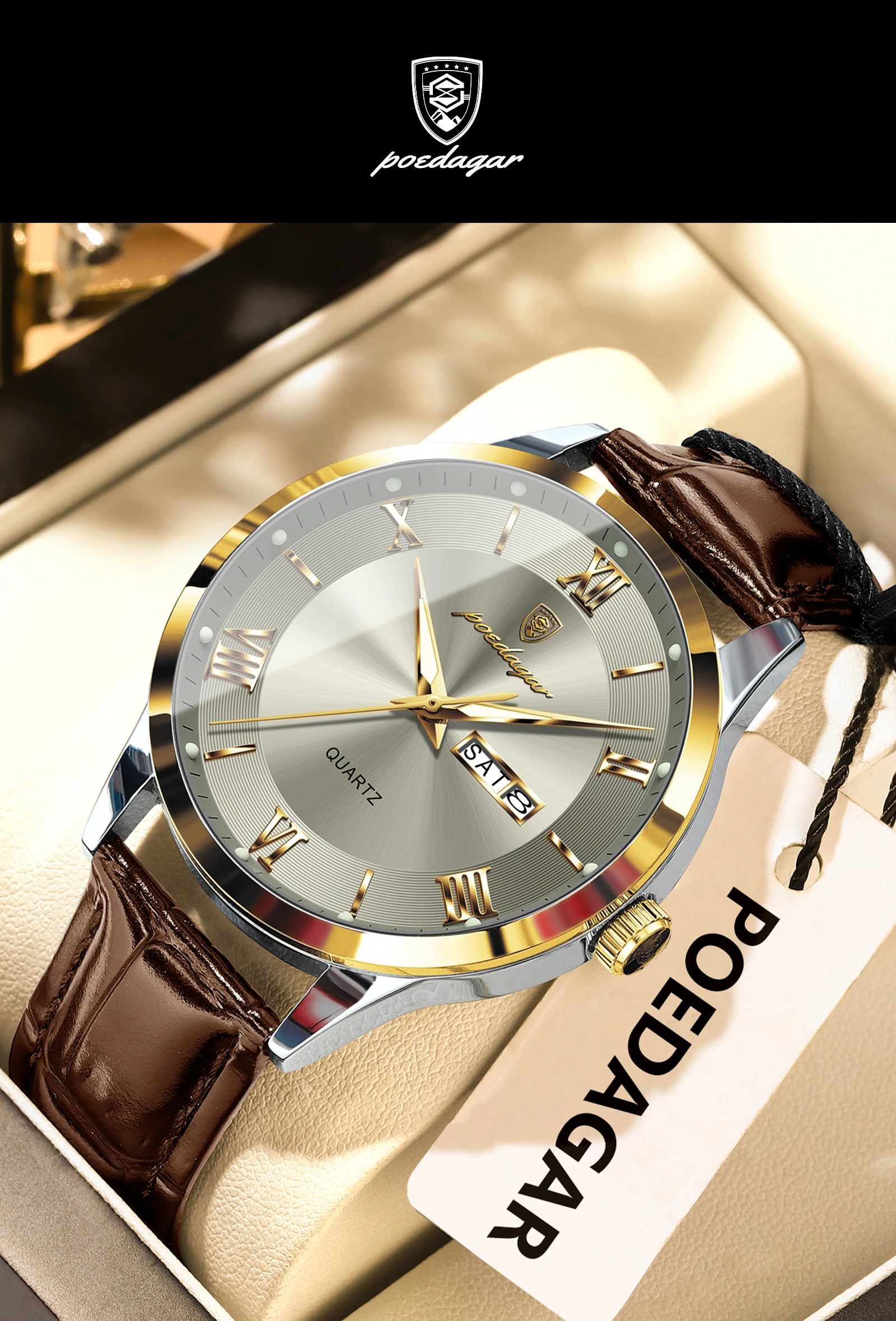 POEDAGAR Original Mode Uhr Für Mann Leder Datum Woche Quarz Männer Uhr Wasserdicht Leucht Business herren Uhren Männlich Reloj – Detail 17