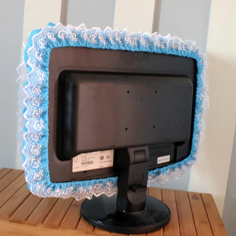 Lace Fabric Computer Frame Cover Monitor Screen Dust Cover With Elastic Pen Pocket Bow Home Decorations