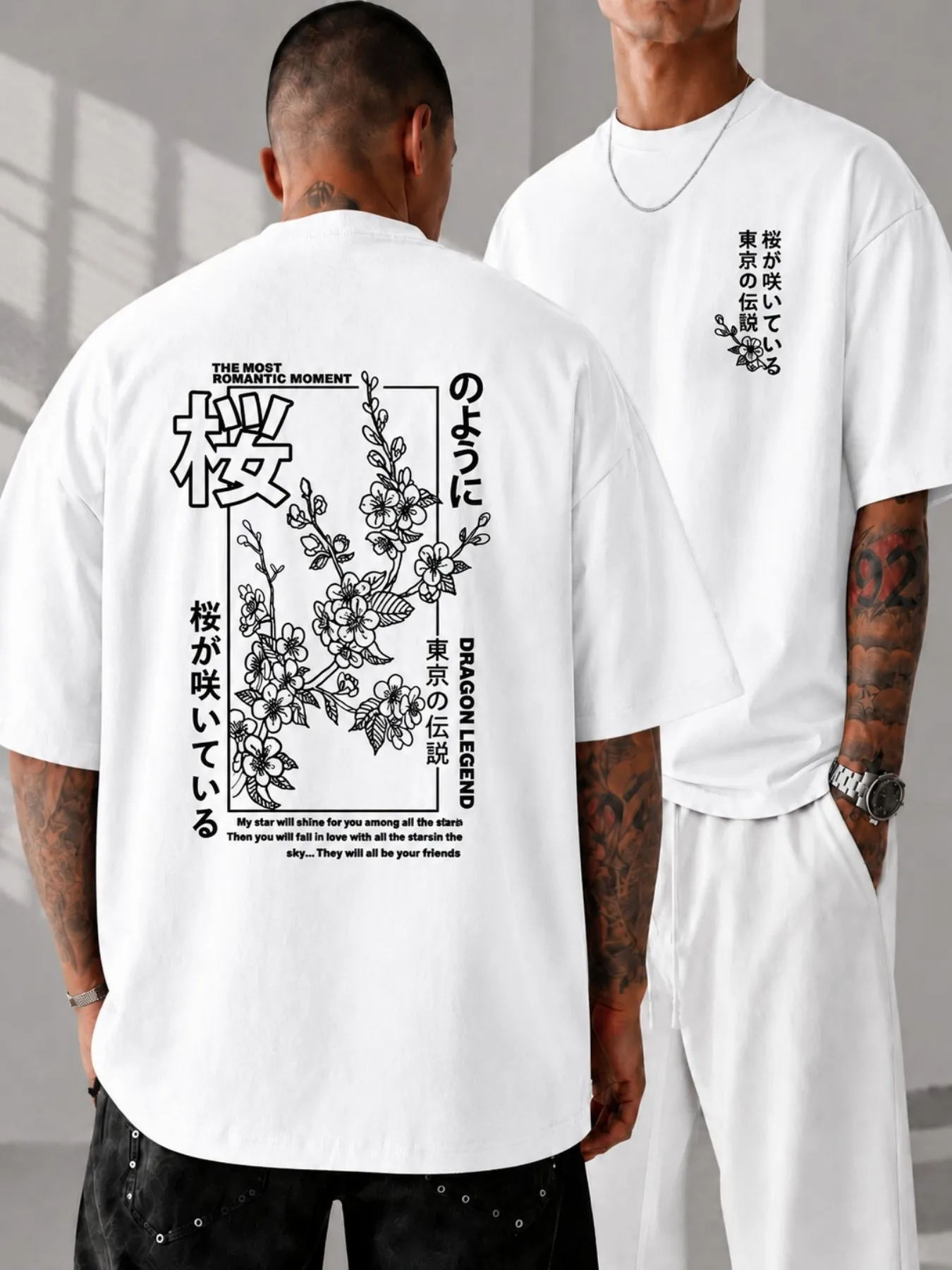 Sakura Floral Kanji Letter Graphic T Shirt Men Women Oriental Art Loose Cotton Short Sleeve Casual Tops Men Clothing